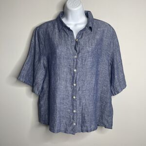Tahari Women's Button Up Short Sleeve Heather Blue Blouse 100% Linen Size S
